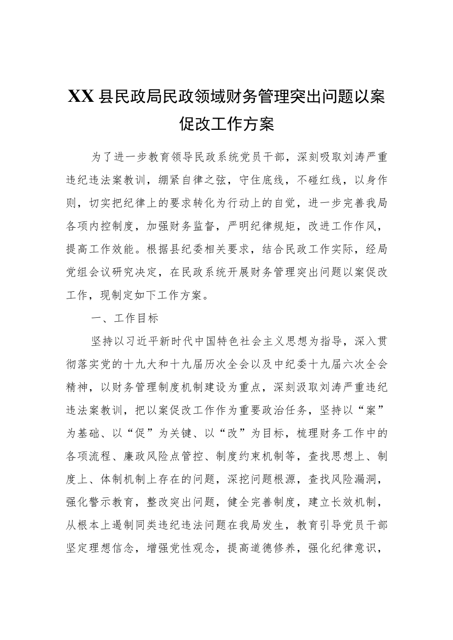 XX县民政局民政领域财务管理突出问题以案促改工作方案.docx_第1页