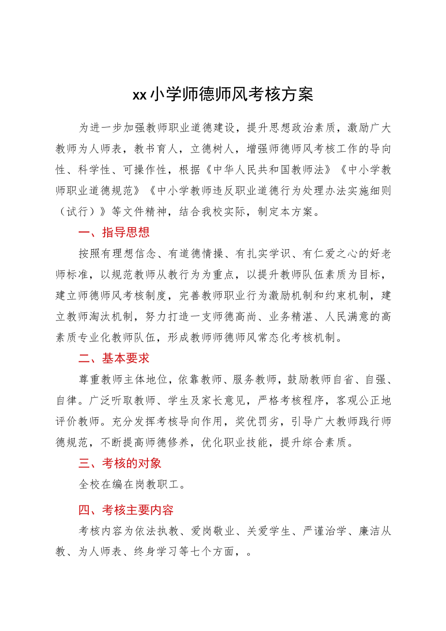 xx小学师德师风考核方案.docx_第1页