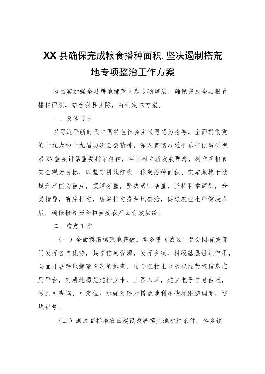 XX县确保完成粮食播种面积、坚决遏制撂荒地专项整治工作方案.docx_第1页