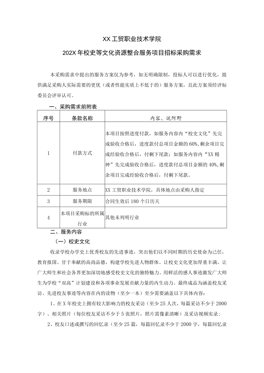 XX工贸职业技术学院202X校史等文化资源整合服务项目招标采购需求.docx_第1页