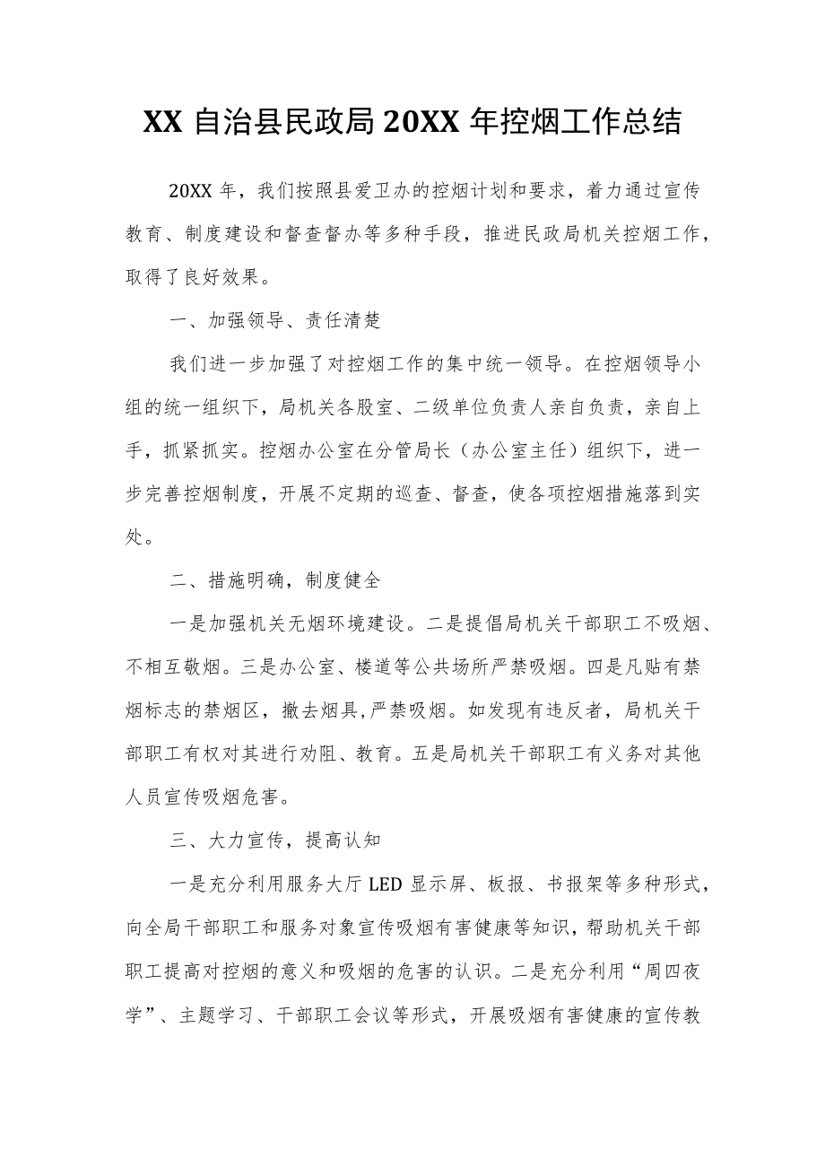 XX自治县民政局2021控烟工作总结.docx_第1页