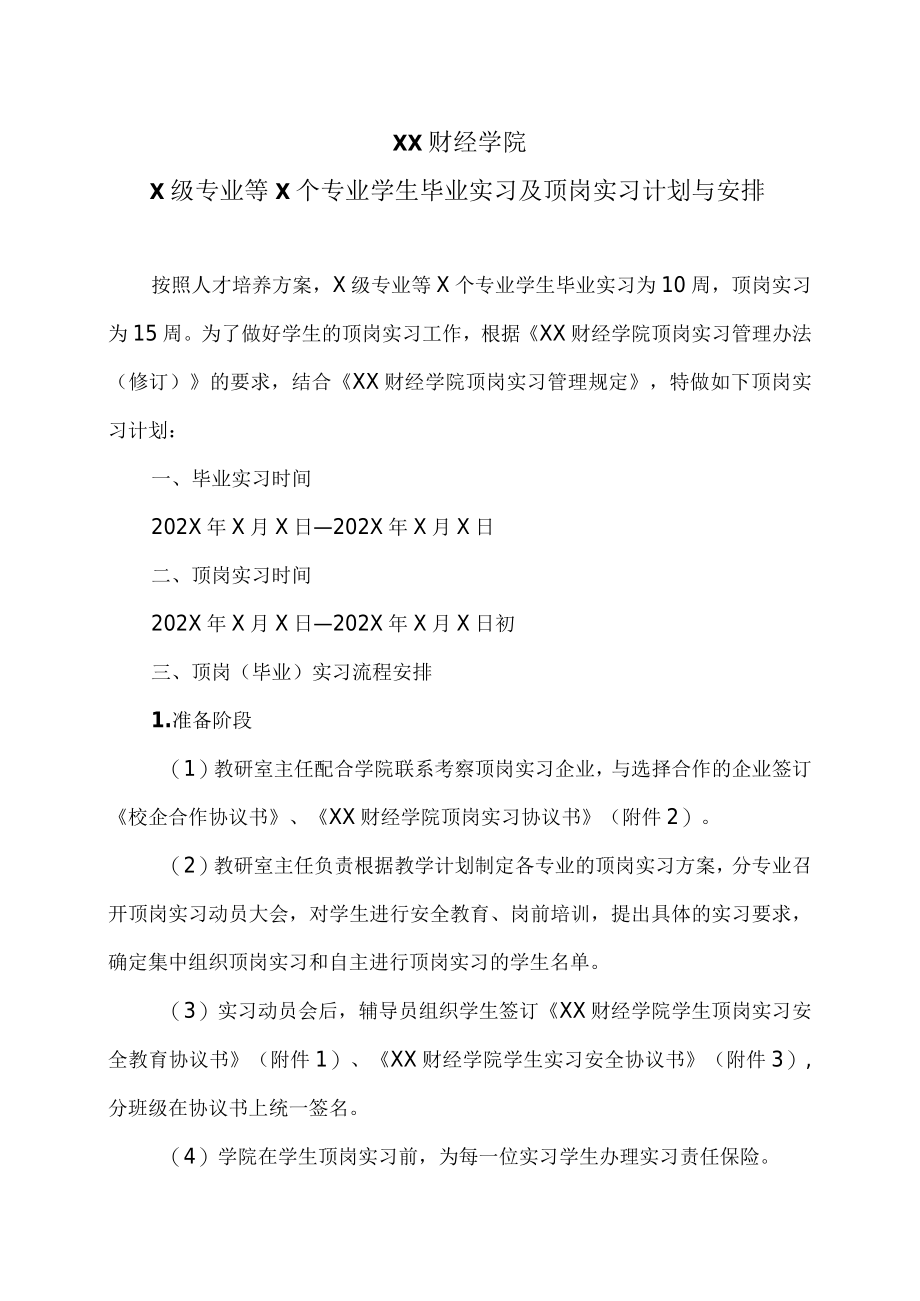 XX财经学院X级专业等X个专业学生毕业实习及顶岗实习计划与安排.docx_第1页