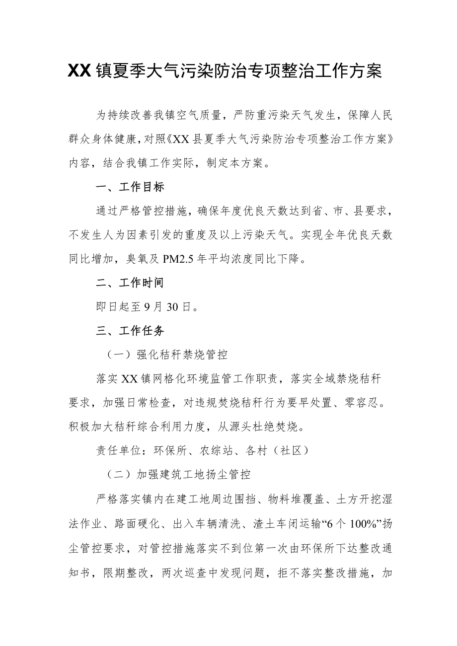 XX镇夏季大气污染防治专项整治工作方案.docx_第1页