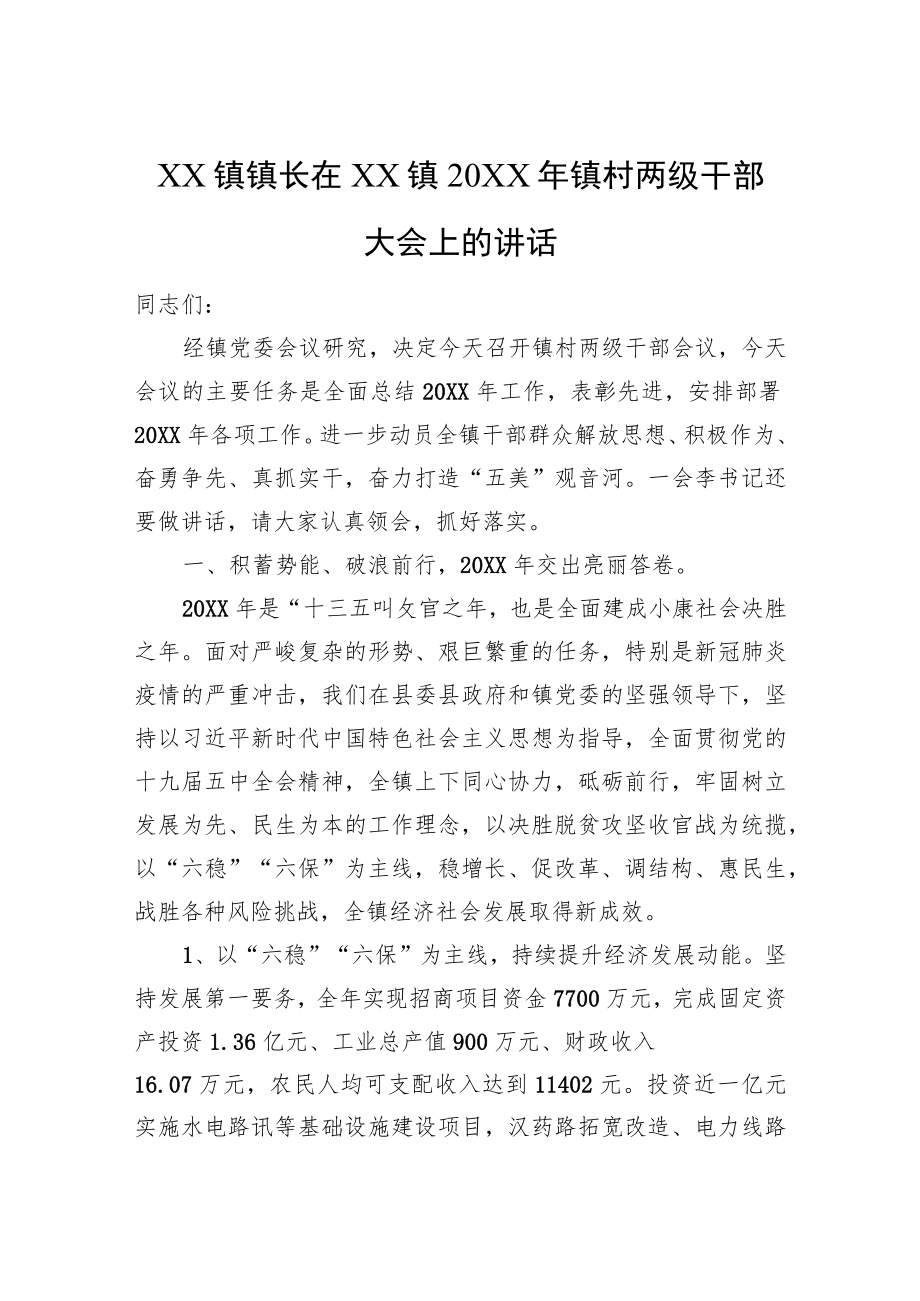 XX镇镇长在XX镇20XX镇村两级干部大会上的讲话.docx_第1页