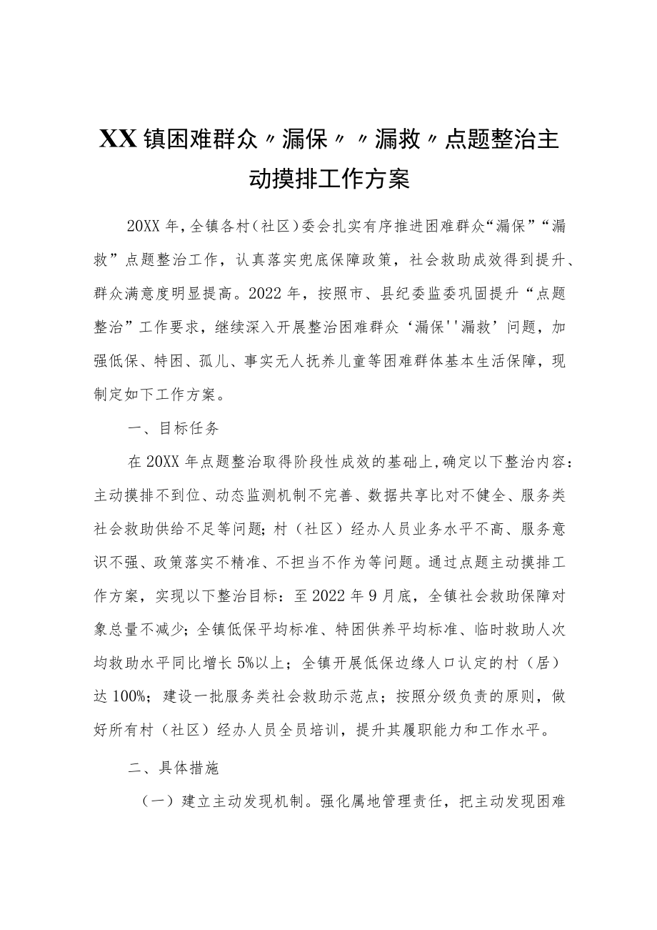 XX镇困难群众“漏保”“漏救”点题整治主动摸排工作方案.docx_第1页