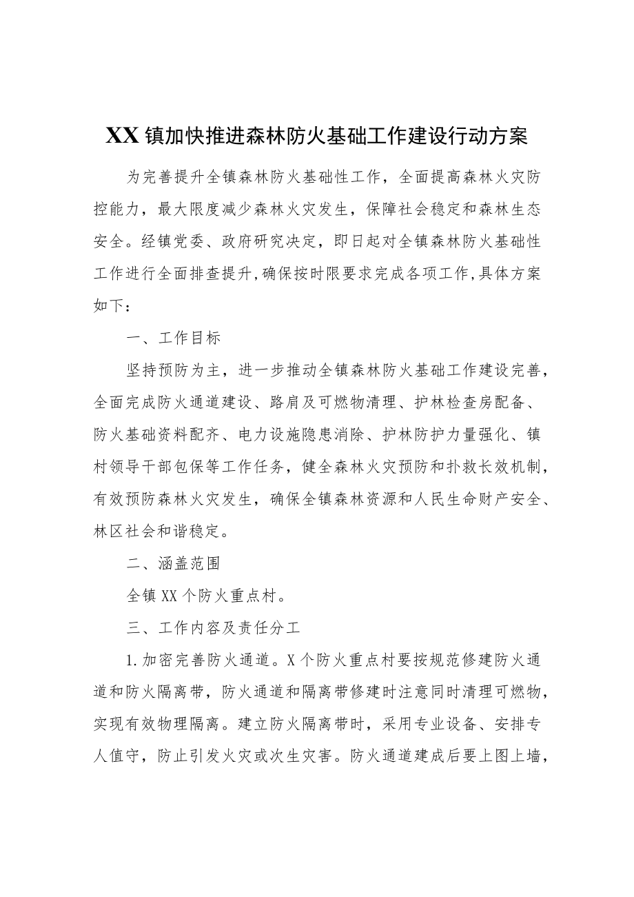 XX镇加快推进森林防火基础工作建设行动方案.docx_第1页