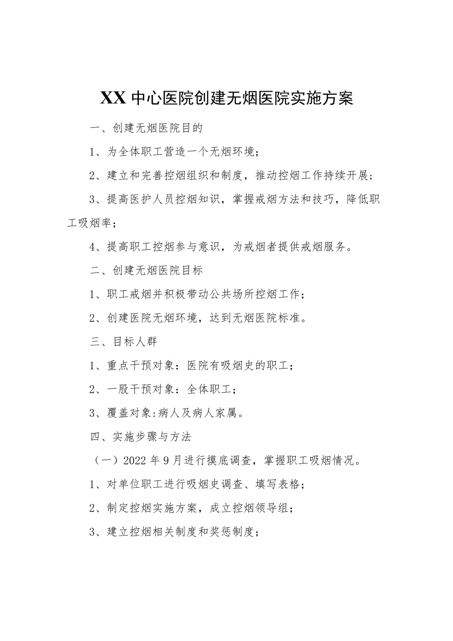 XX中心医院创建无烟医院实施方案.docx_第1页