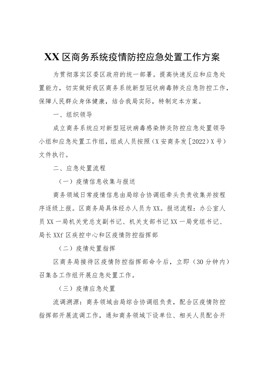 XX区商务系统疫情防控应急处置工作方案.docx_第1页