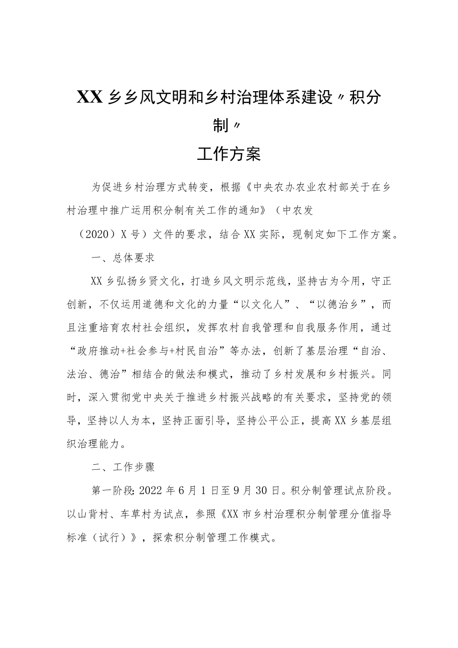 XX乡乡风文明和乡村治理体系建设“积分制”工作方案.docx_第1页