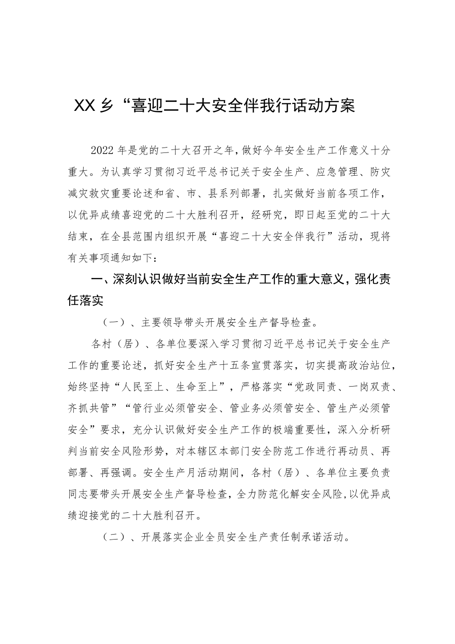 XX乡“喜迎二十大 安全伴我行”活动方案（20220715）.docx_第1页