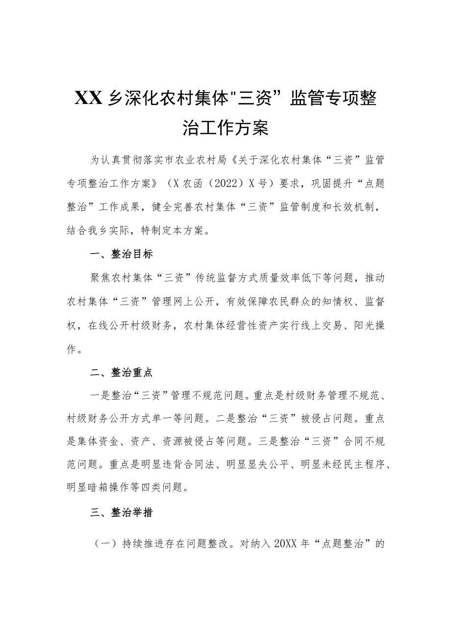 XX乡深化农村集体“三资”监管专项整治工作方案.docx_第1页