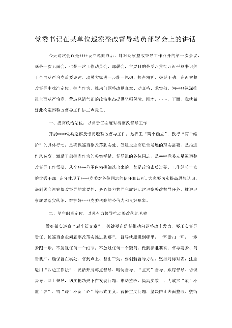 党委书记在某单位巡察整改督导动员部署会上的讲话.docx_第1页