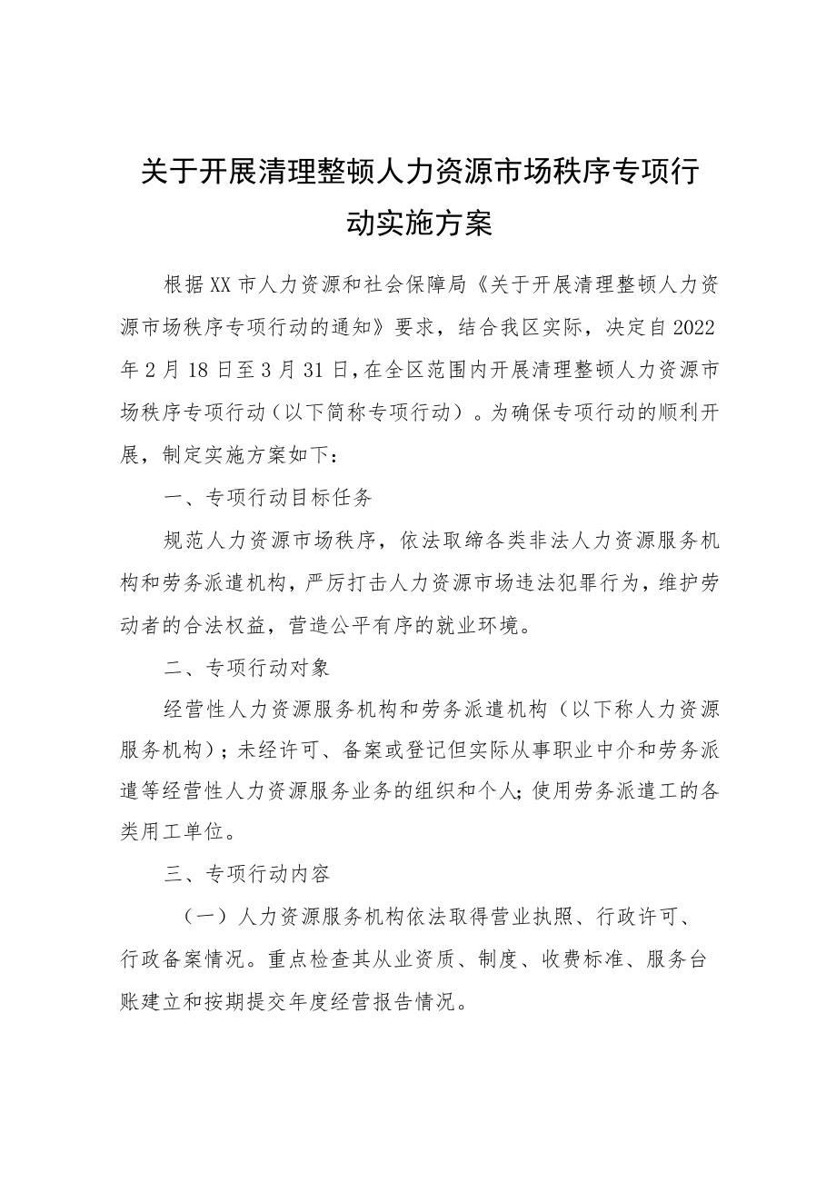 关于开展清理整顿人力资源市场秩序专项行动实施方案.docx_第1页