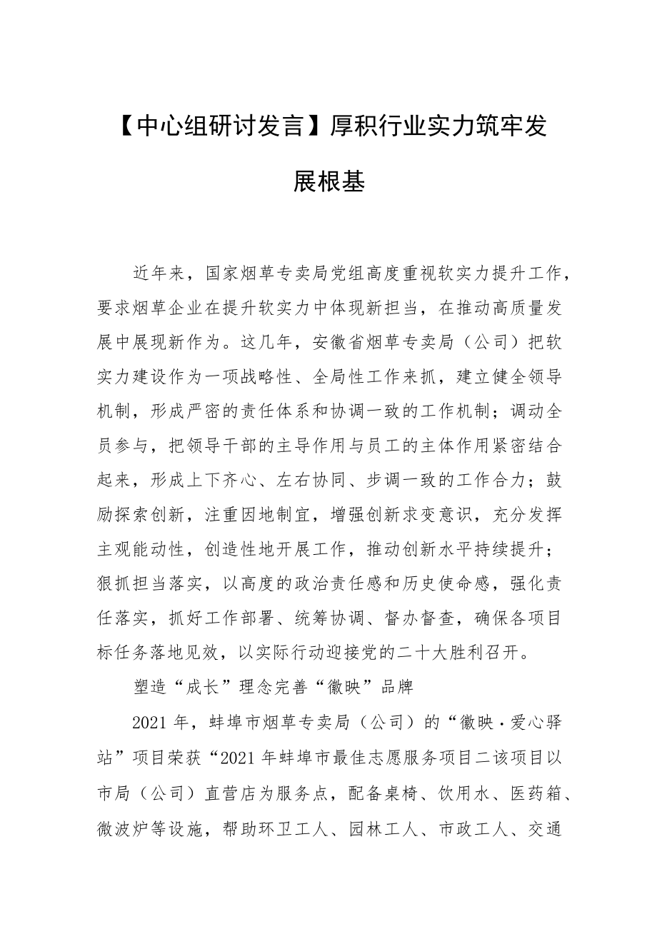 【中心组研讨发言】厚积行业实力 筑牢发展根基.docx_第1页