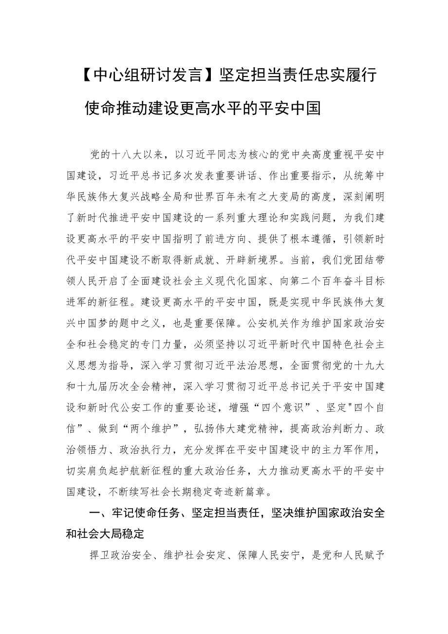 【中心组研讨发言】坚定担当责任 忠实履行使命 推动建设更高水平的平安中国.docx_第1页