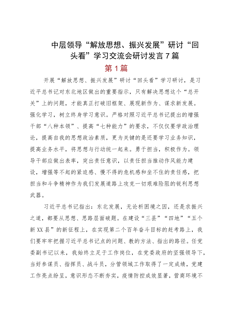 中层领导“解放思想、振兴发展”研讨“回头看”学习交流会研讨发言7篇.docx_第1页