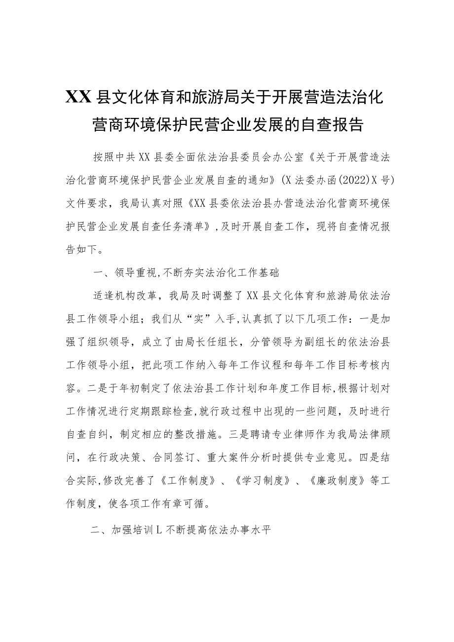 XX县文化体育和旅游局关于开展营造法治化营商环境保护民营企业发展的自查报告.docx_第1页