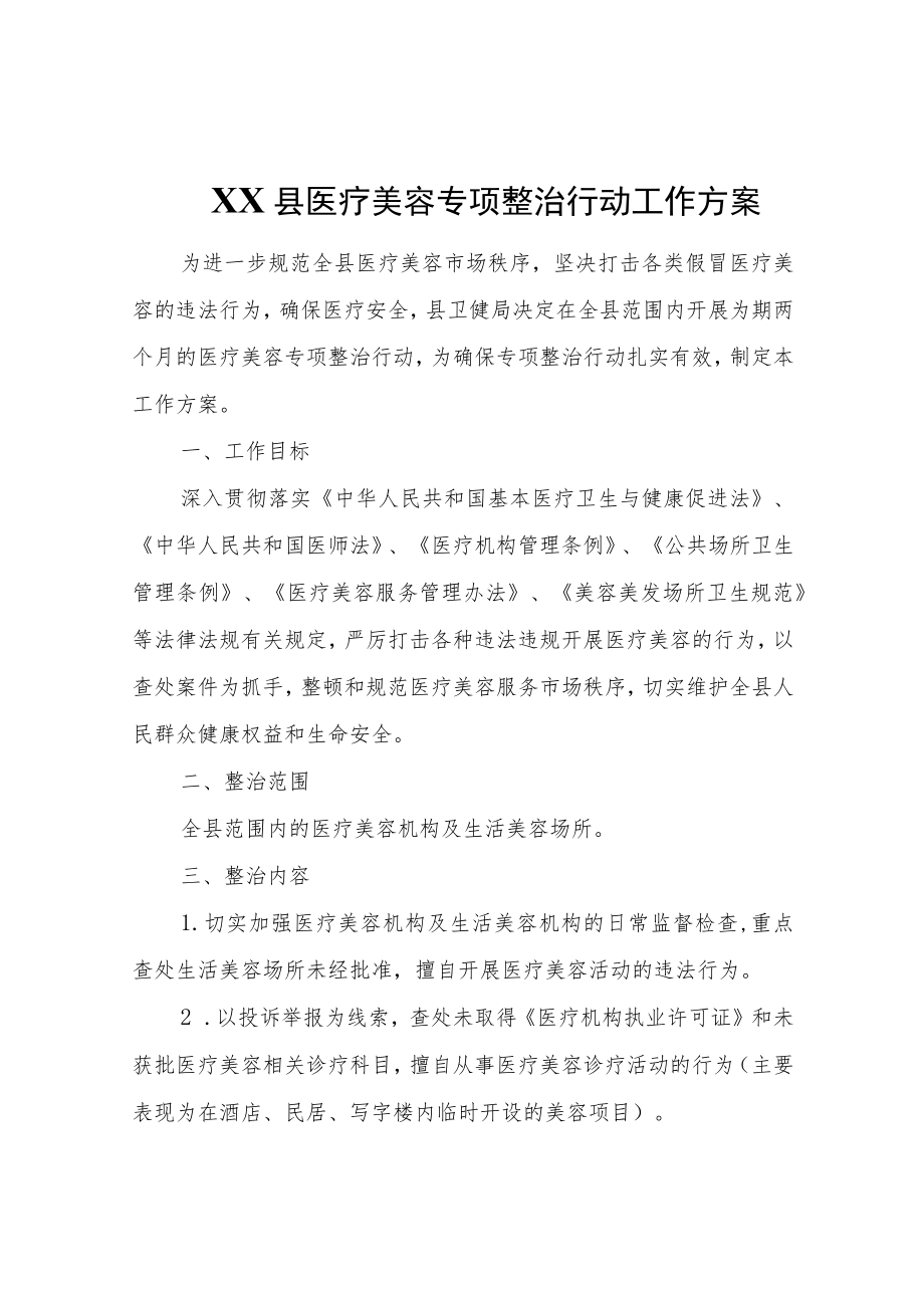 XX县医疗美容专项整治行动工作方案.docx_第1页