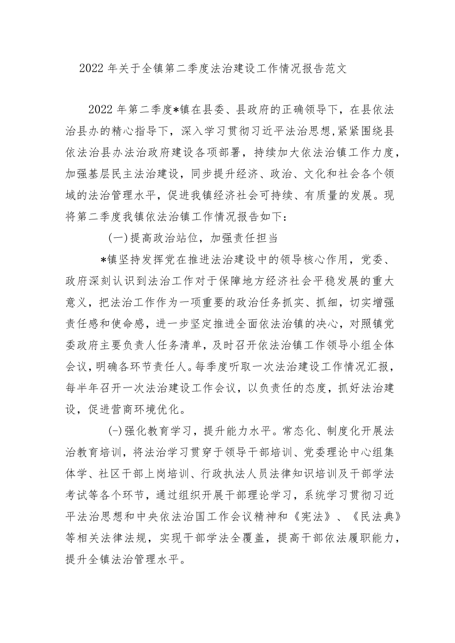 2篇2022关于全镇第二季度法治建设工作情况报告范文.docx_第1页