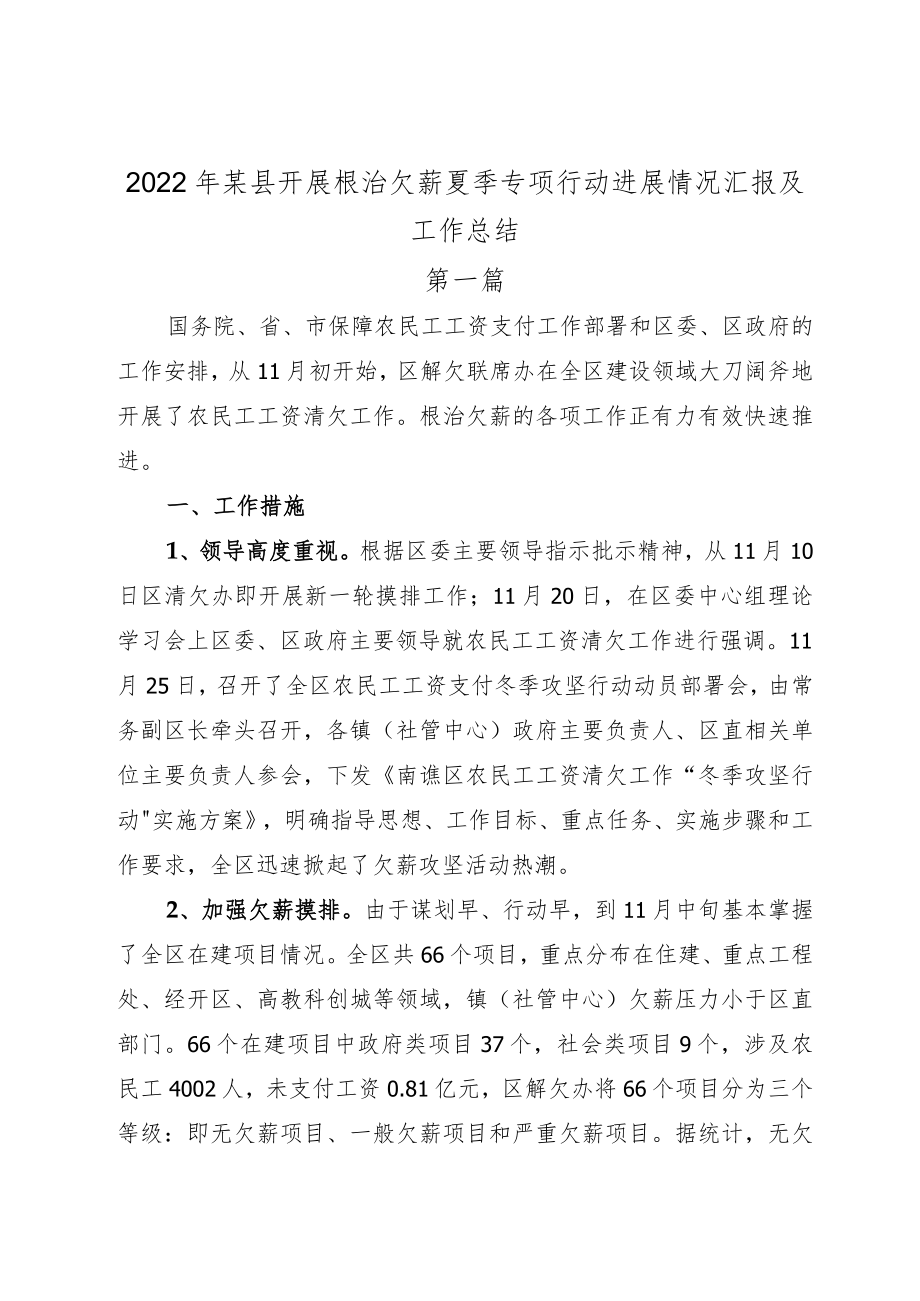 2022某县开展根治欠薪夏季专项行动进展情况汇报及工作总结3篇.docx_第1页