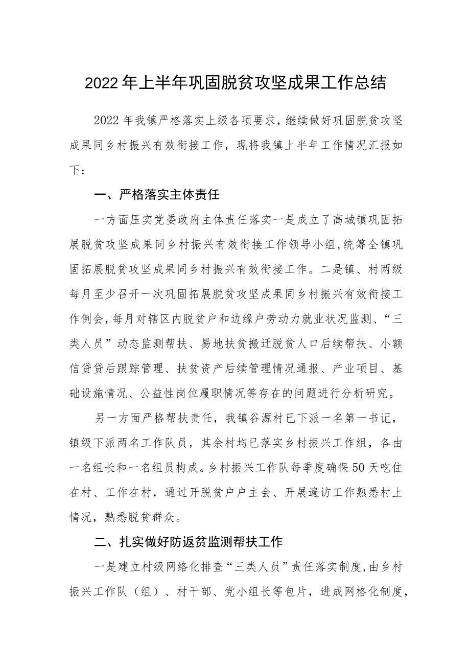 2022上半巩固脱贫攻坚成果工作总结.docx_第1页