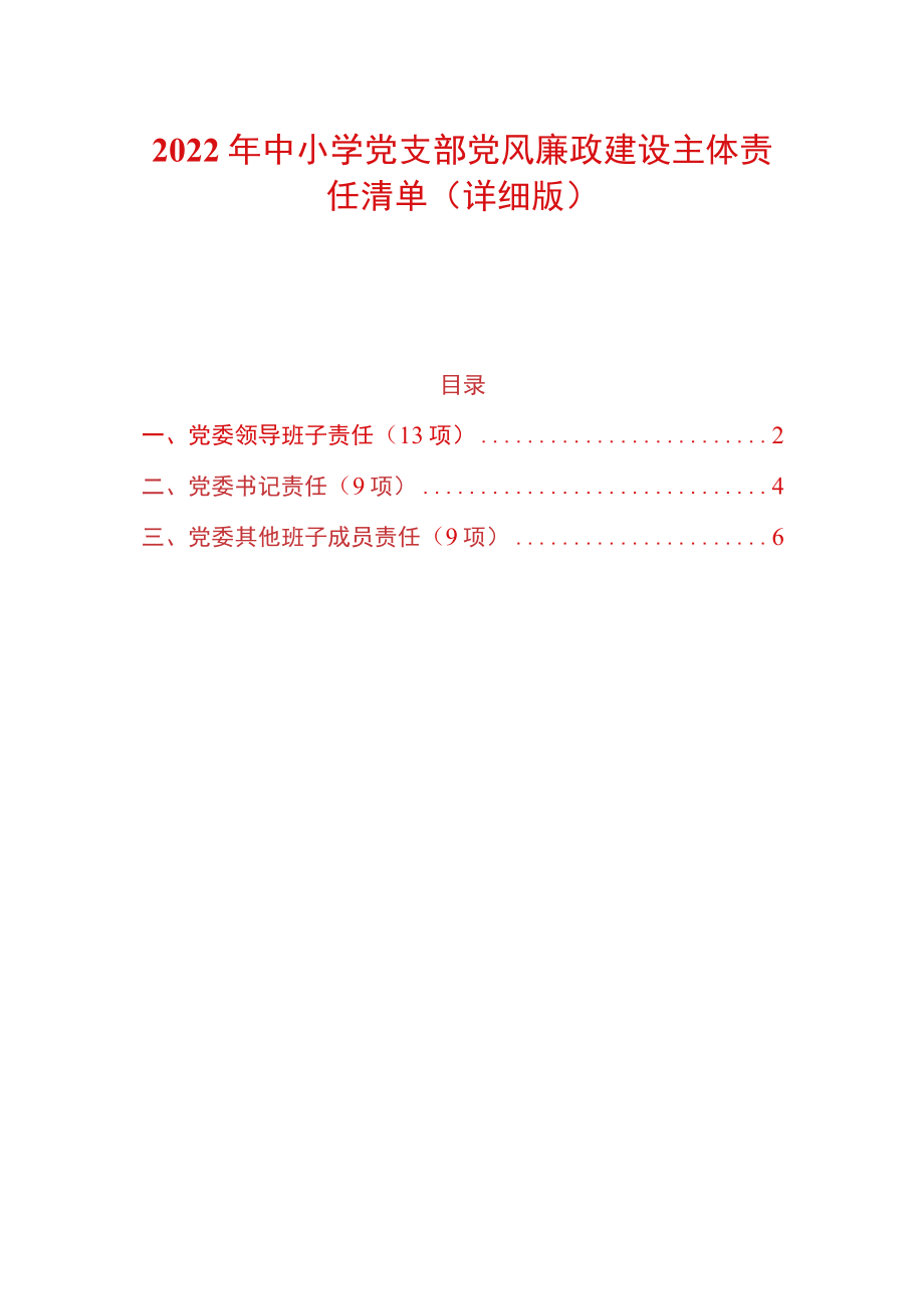 2022中小学党支部党风廉政建设主体责任清单（详细版）.docx_第1页