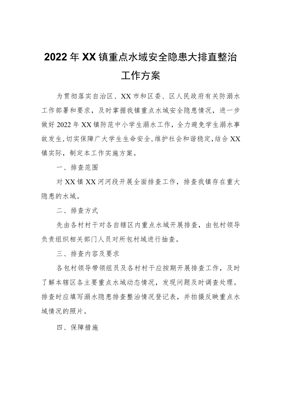 2022XX镇重点水域安全隐患大排查整治工作方案.docx_第1页