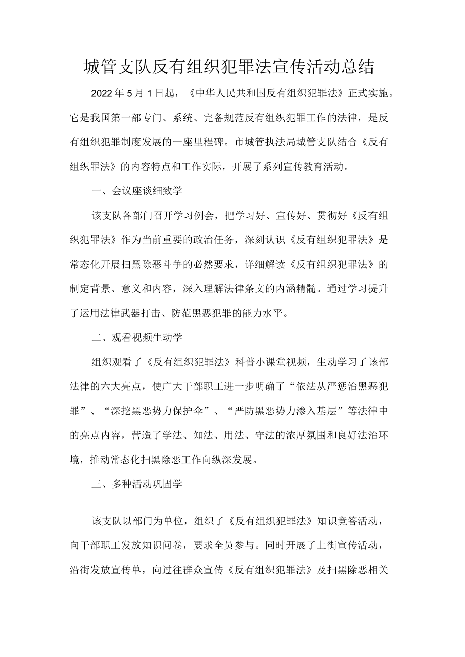 城管支队反有组织犯罪法宣传活动总结.docx_第1页