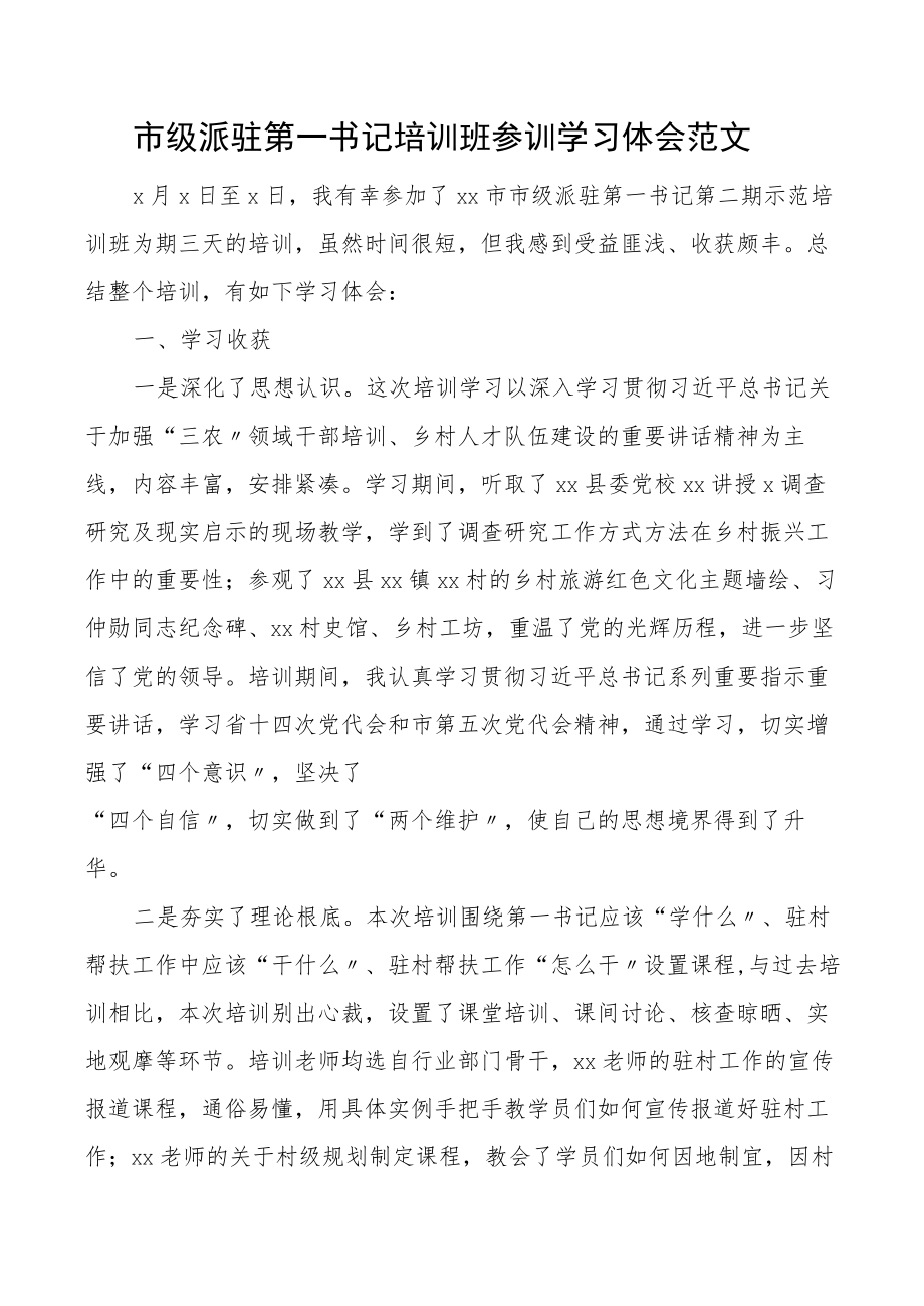 培训心得市级派驻第一书记培训班参训学习心得体会研讨发言材料市派.docx_第1页