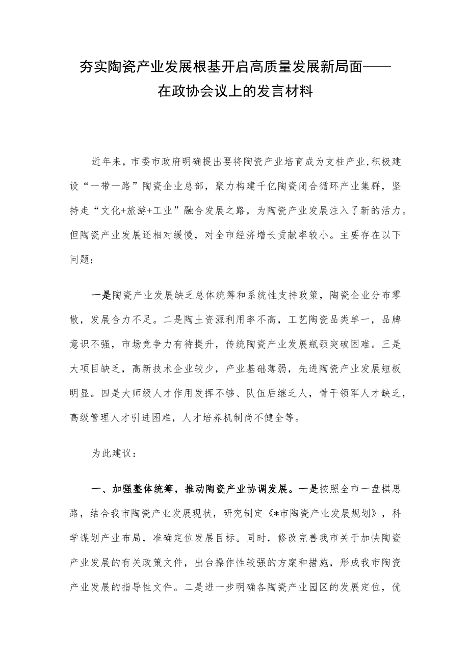 夯实陶瓷产业发展根基 开启高质量发展新局面——在政协会议上的发言材料.docx_第1页