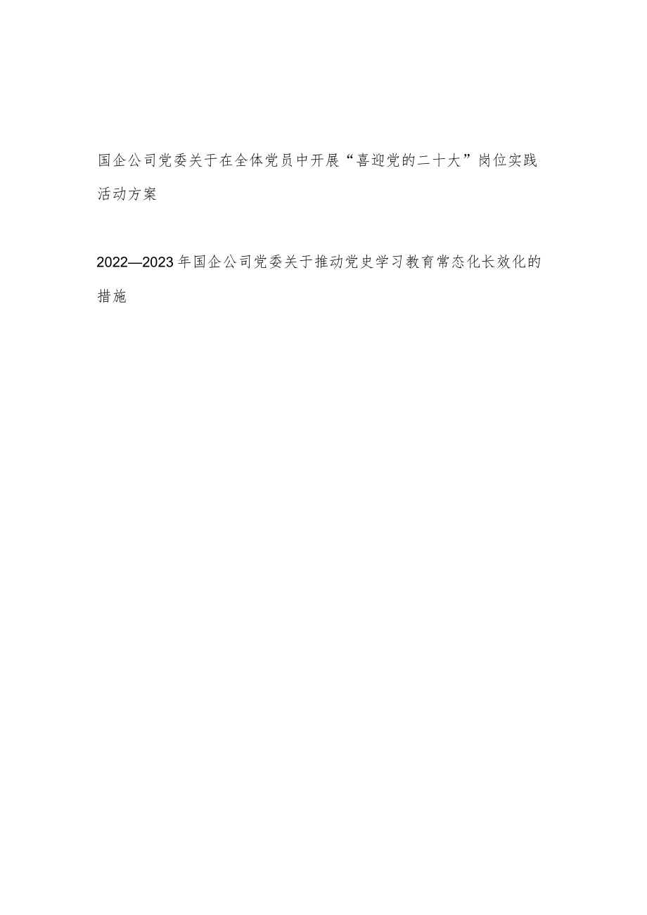 国企公司党委推进党史学习教育常态化长效化措施和“喜迎党的二十大”岗位实践活动方案.docx_第1页