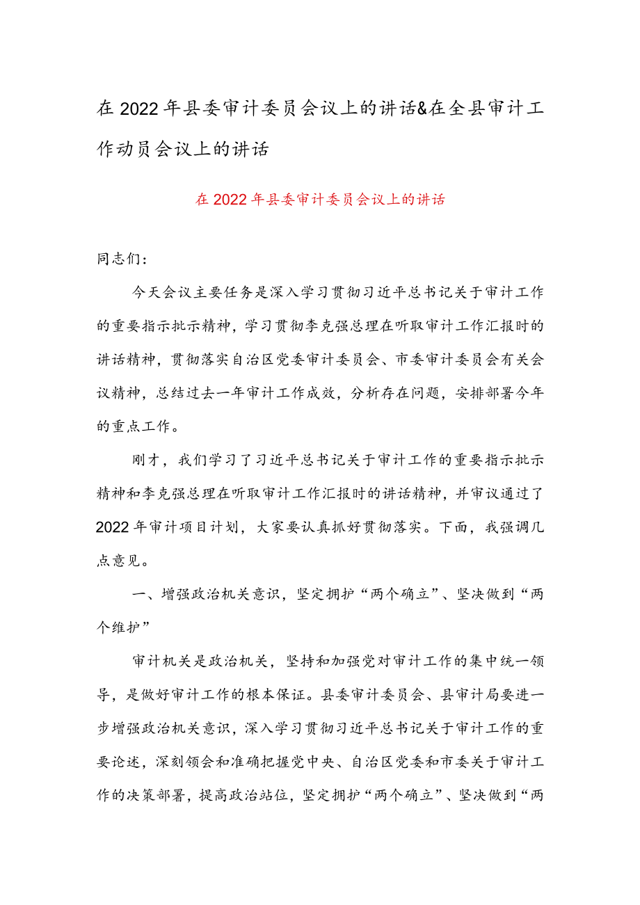 在2022县委审计委员会议上的讲话 & 在全县审计工作动员会议上的讲话.docx_第1页