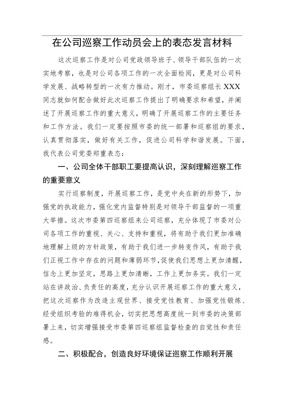 在公司巡察工作动员会上的表态发言材料.docx_第1页