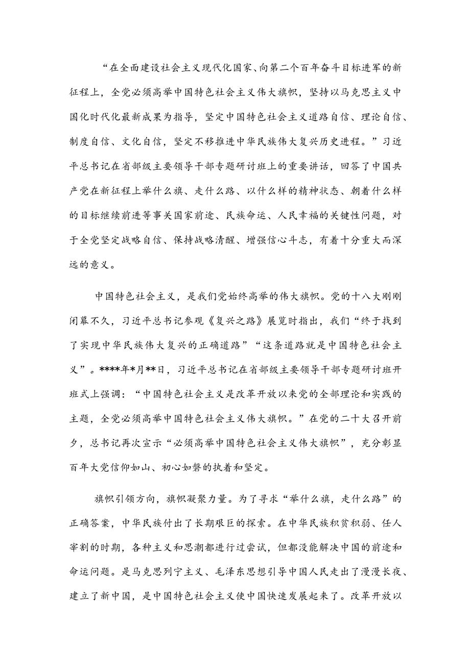 学习省部级领导干部研讨班讲话研讨发言：高举旗帜奋力新征程.docx_第1页