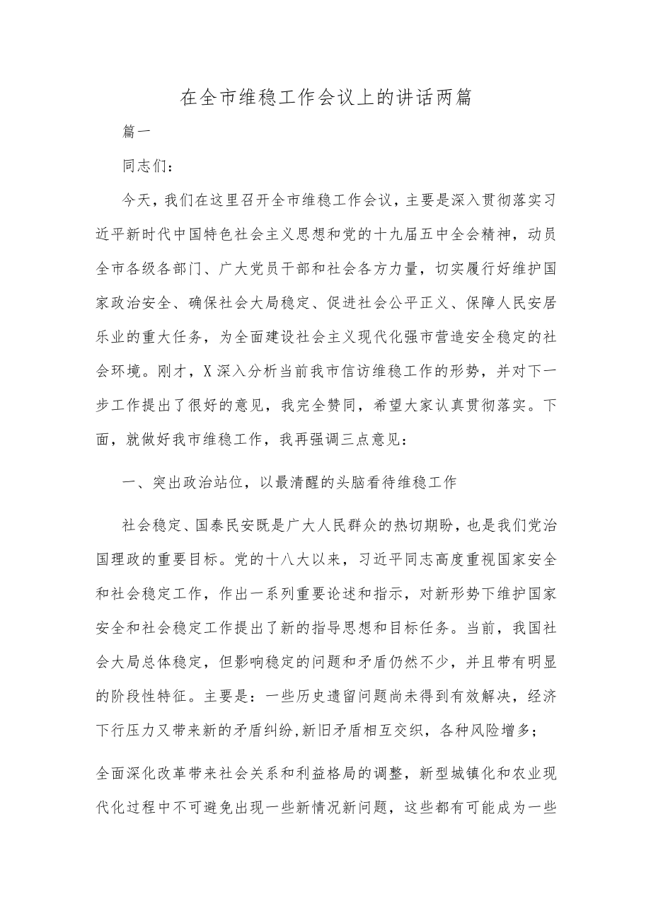 在全市维稳工作会议上的讲话两篇.docx_第1页