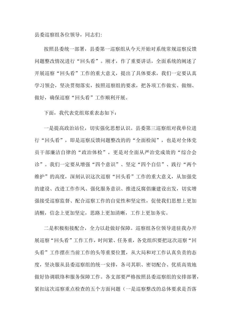 在县委第一巡察组“回头看”动员会上的表态发言.docx_第1页