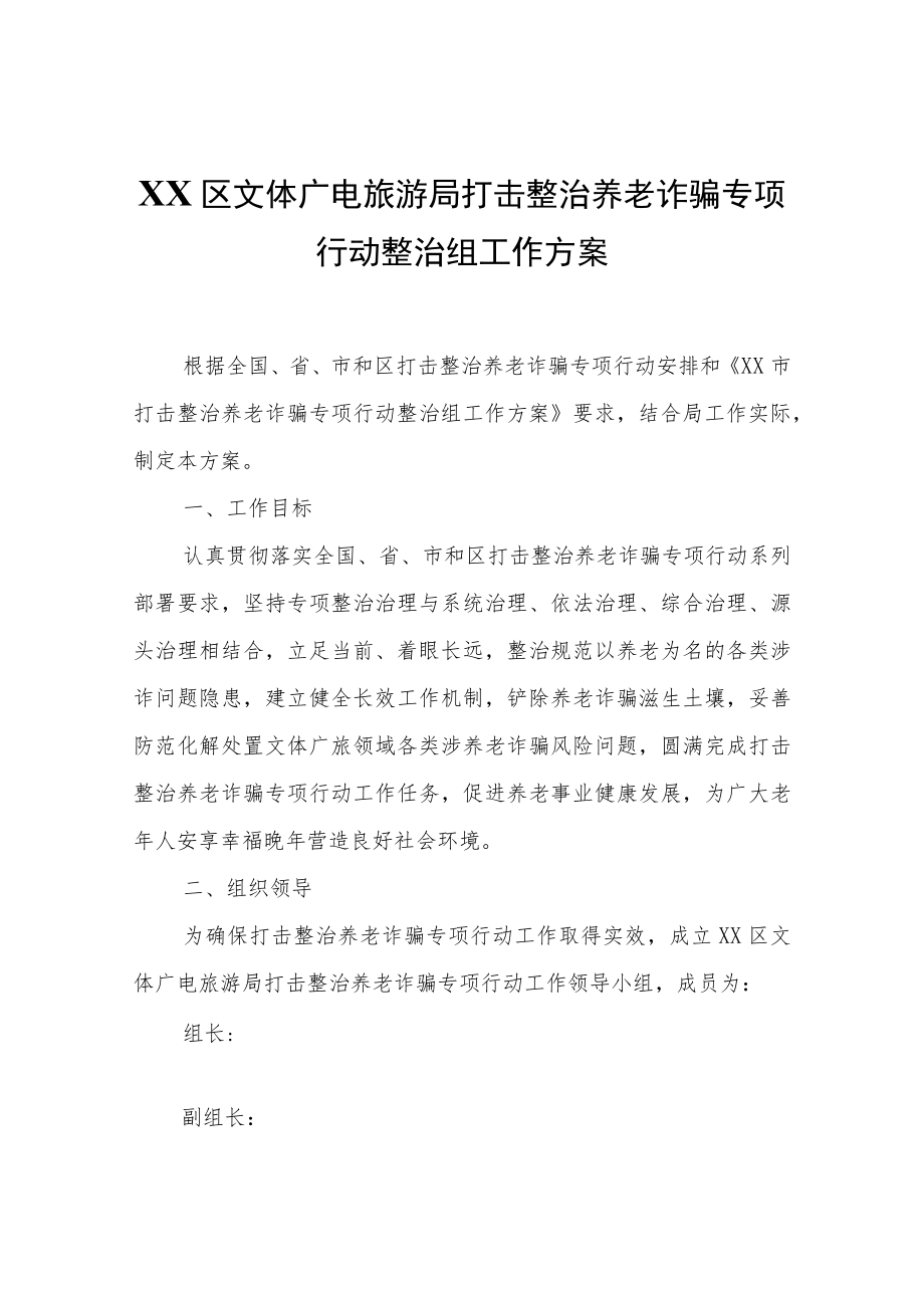 XX区文体广电旅游局打击整治养老诈骗专项行动整治组工作方案.docx_第1页