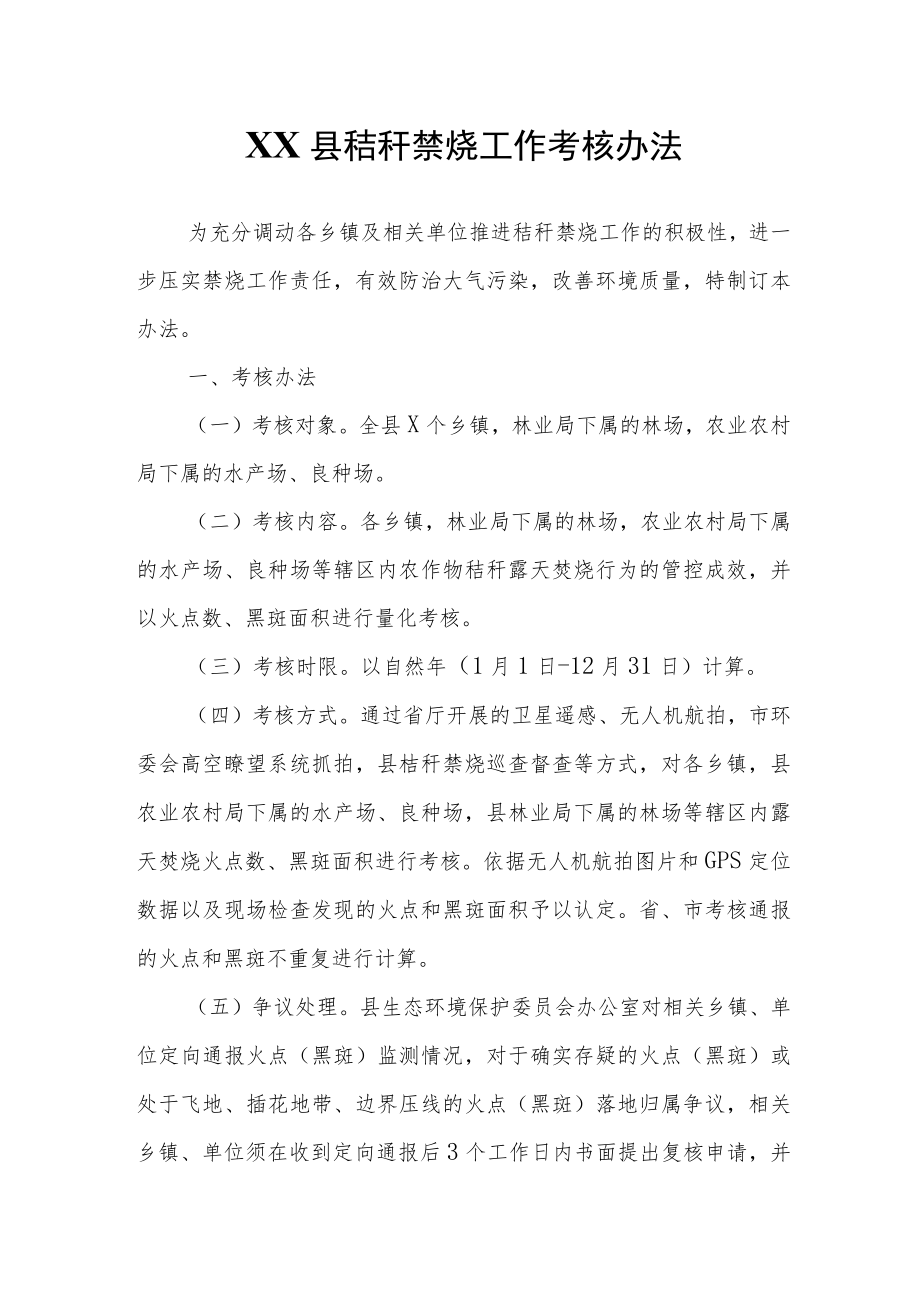 XX县秸秆禁烧工作考核办法.docx_第1页