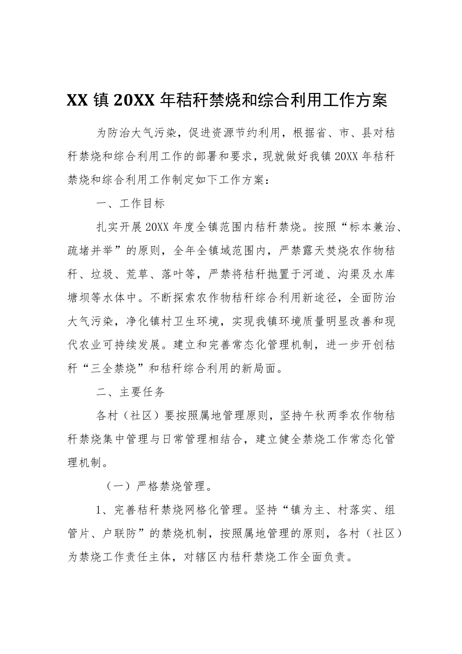 XX镇2022年秸秆禁烧和综合利用工作方案.docx_第1页