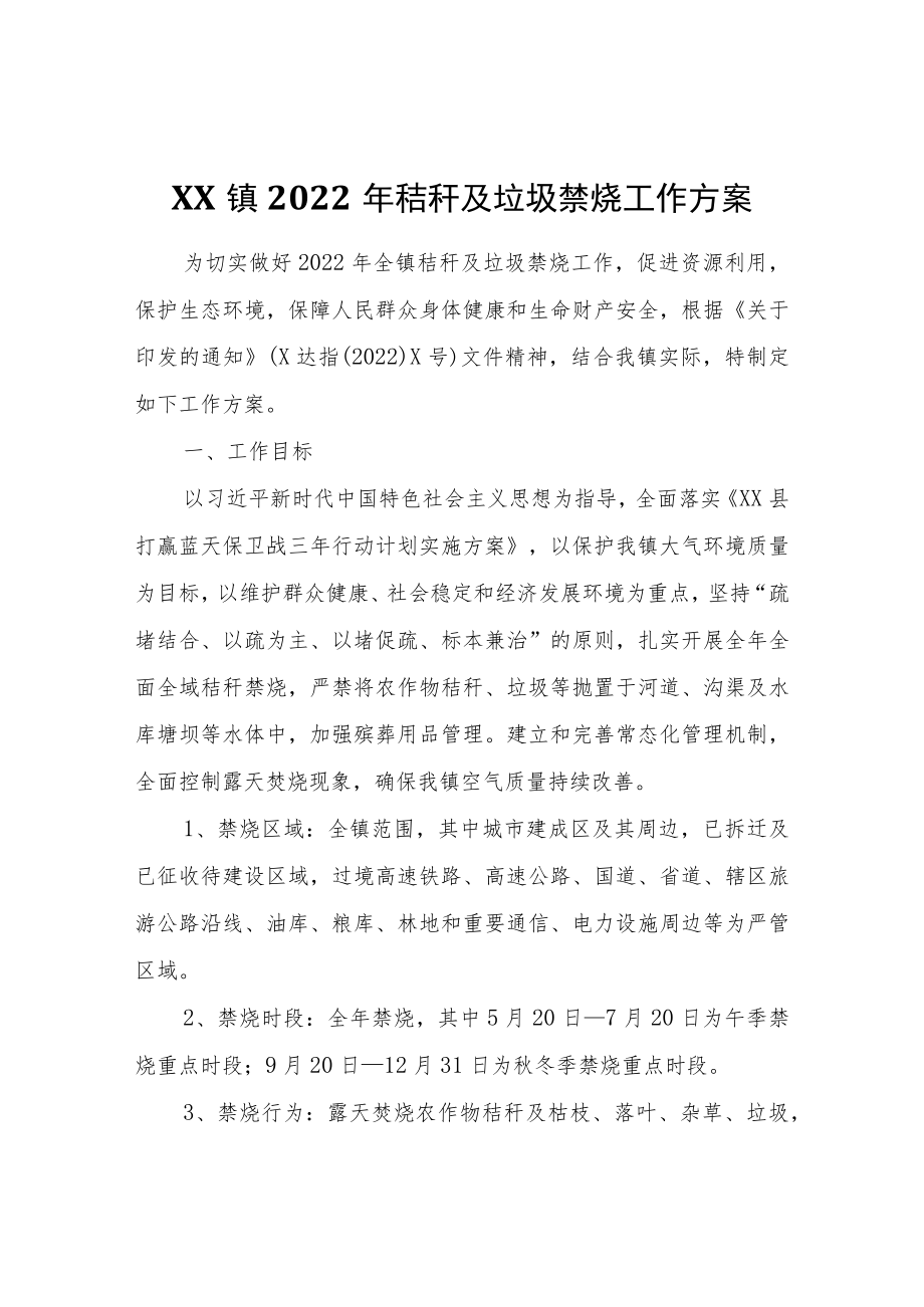 XX镇2022年秸秆及垃圾禁烧工作方案.docx_第1页