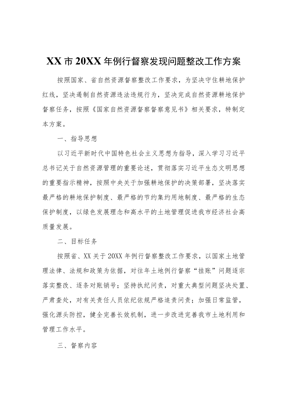 XX市2020年例行督察发现问题整改工作方案.docx_第1页