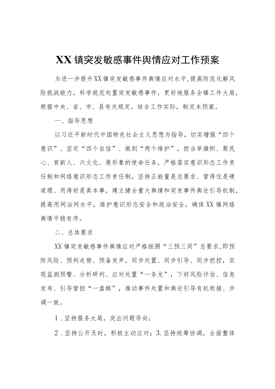 XX镇突发敏感事件舆情应对工作预案（试行）.docx_第1页