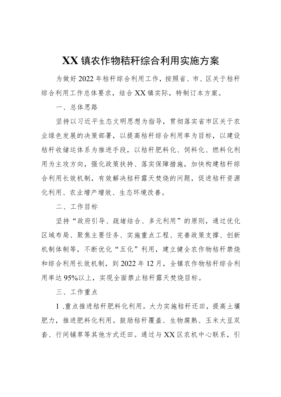 XX镇农作物秸秆综合利用实施方案.docx_第1页