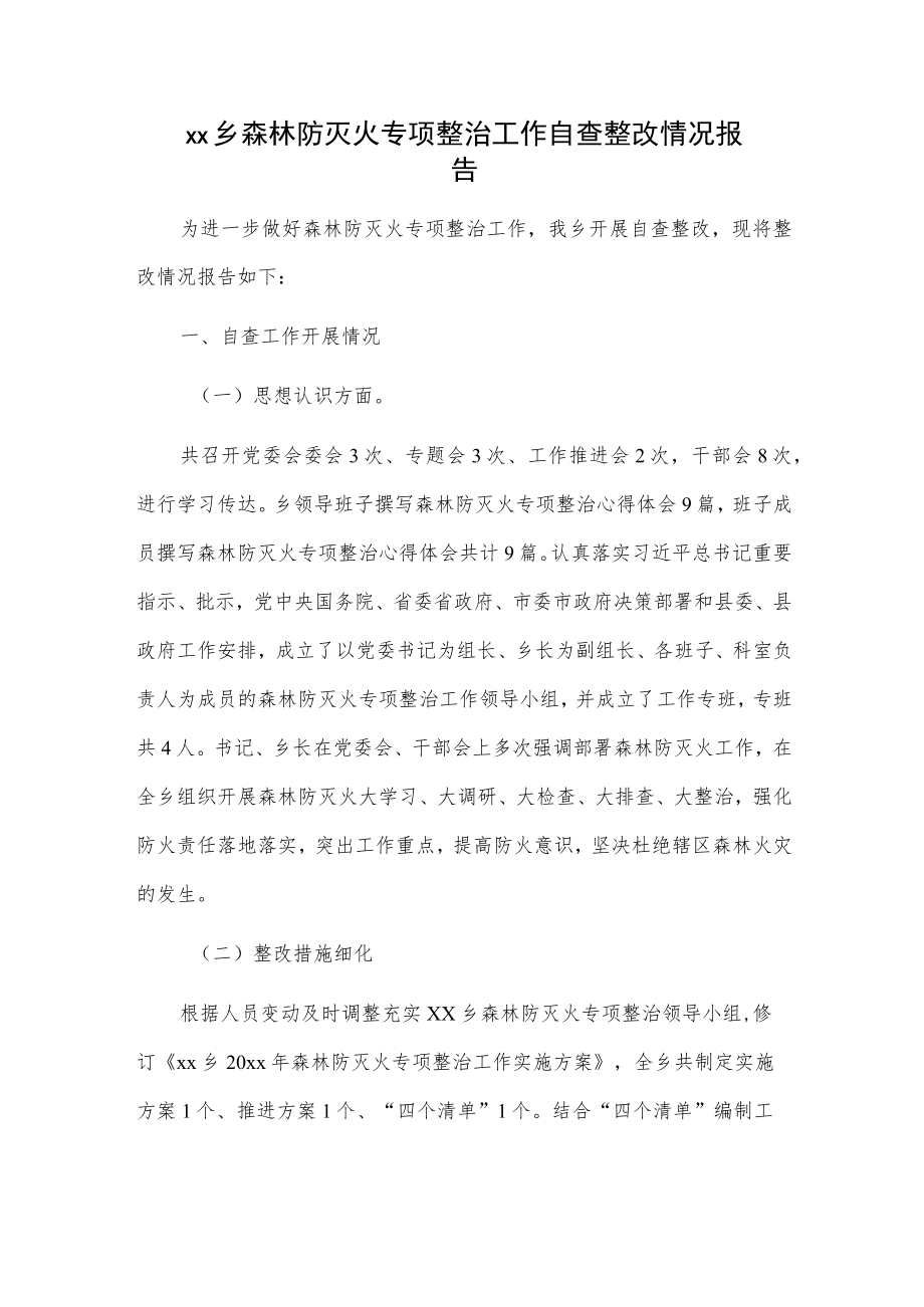 xx乡森林防灭火专项整治工作自查整改情况报告.docx_第1页