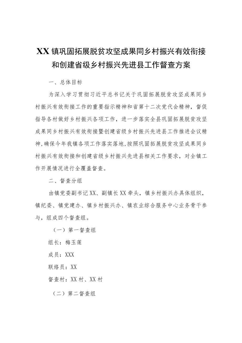 XX镇巩固拓展脱贫攻坚成果同乡村振兴有效衔接和创建省级乡村振兴先进县工作督查方案.docx_第1页