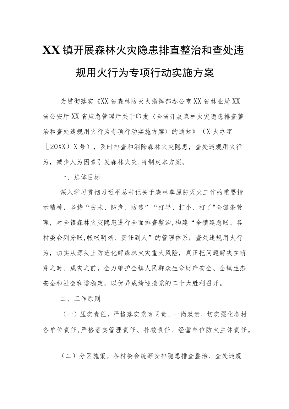 XX镇开展森林火灾隐患排查整治和查处违规用火行为专项行动实施方案.docx_第1页