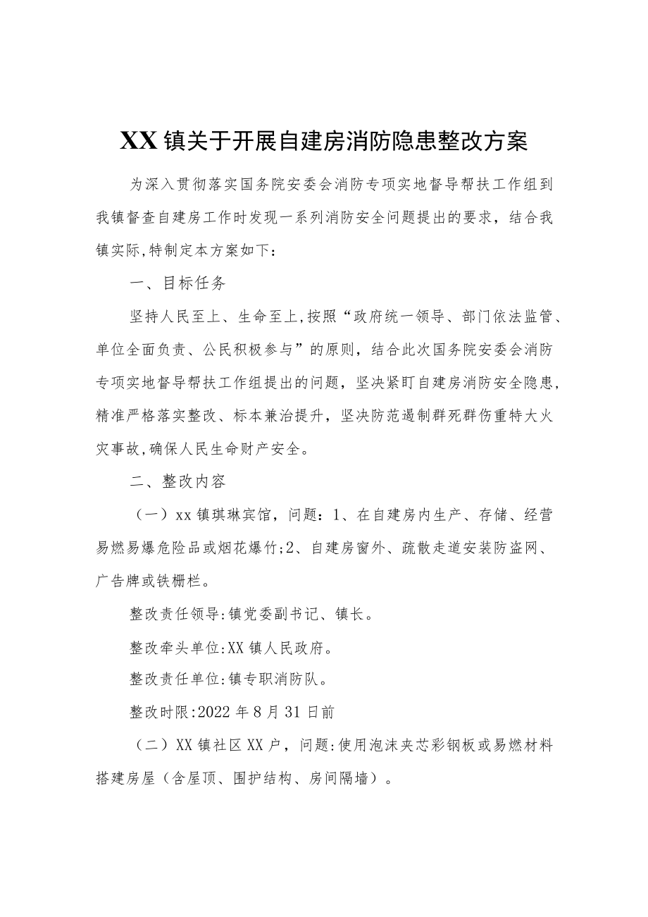 XX镇关于开展自建房消防隐患整改方案.docx_第1页