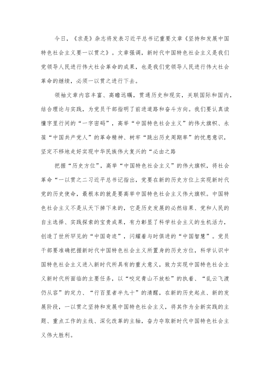 《坚持和发展中国特色社会主义要一以贯之》心得体会读后感学习发言5篇.docx_第3页