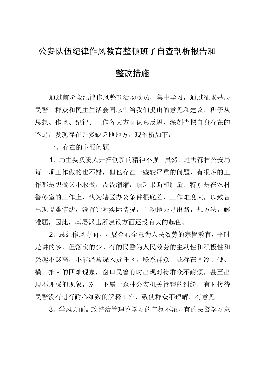 2022公安队伍纪律作风教育整顿班子自查剖析报告和整改措施.docx_第1页