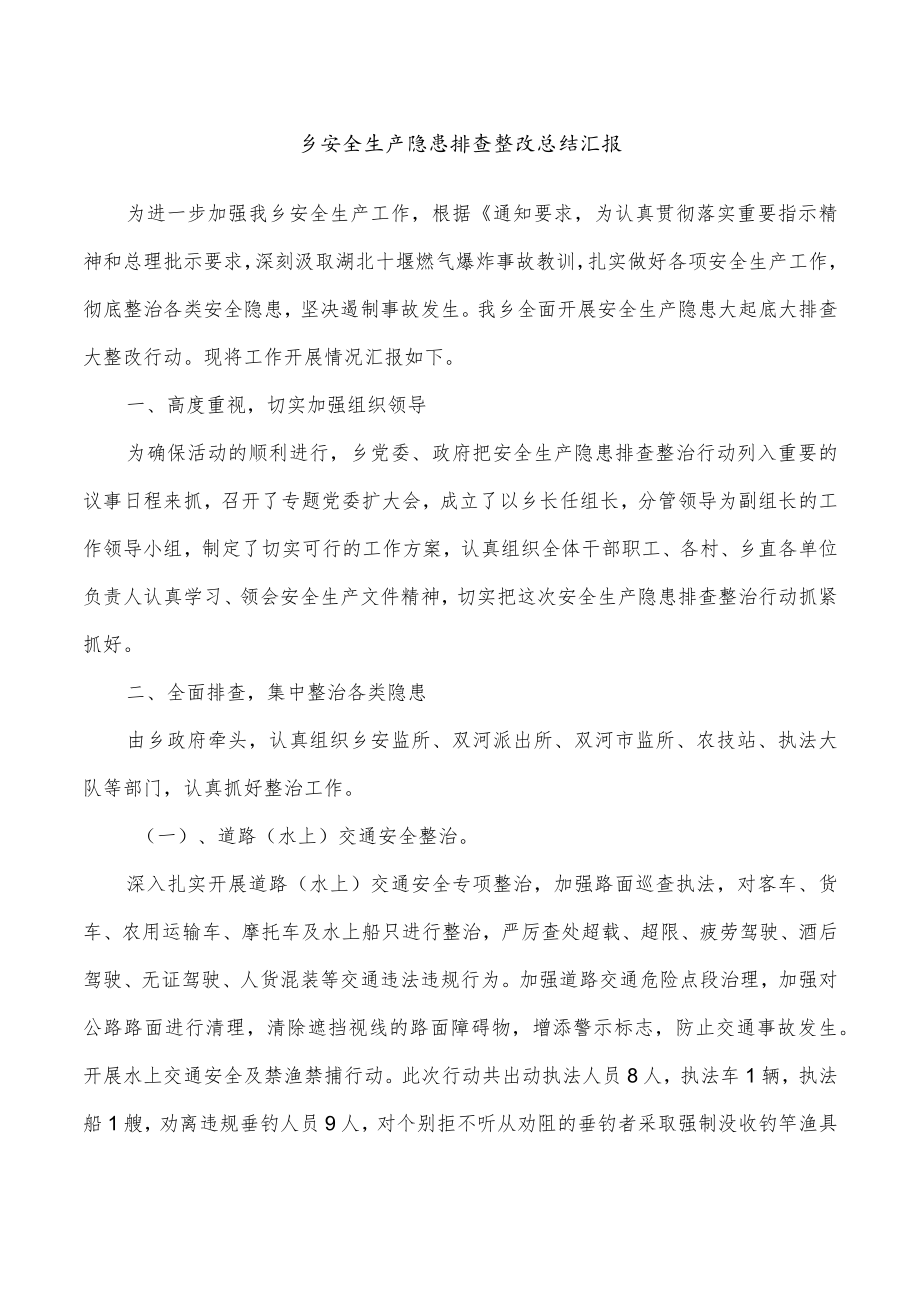 乡安全生产隐患排查整改总结汇报.docx_第1页